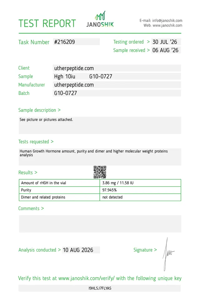 Certificate of analysis scan — HGH (Human Growth Hormone, Somatropin)